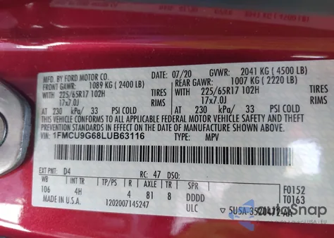 2020 Ford Escape Se z USA, uszkodzony, nr VIN 1FMCU9G68LUB63116